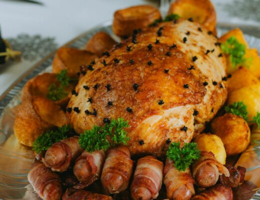 roasted meat on the table at a christmas dinner